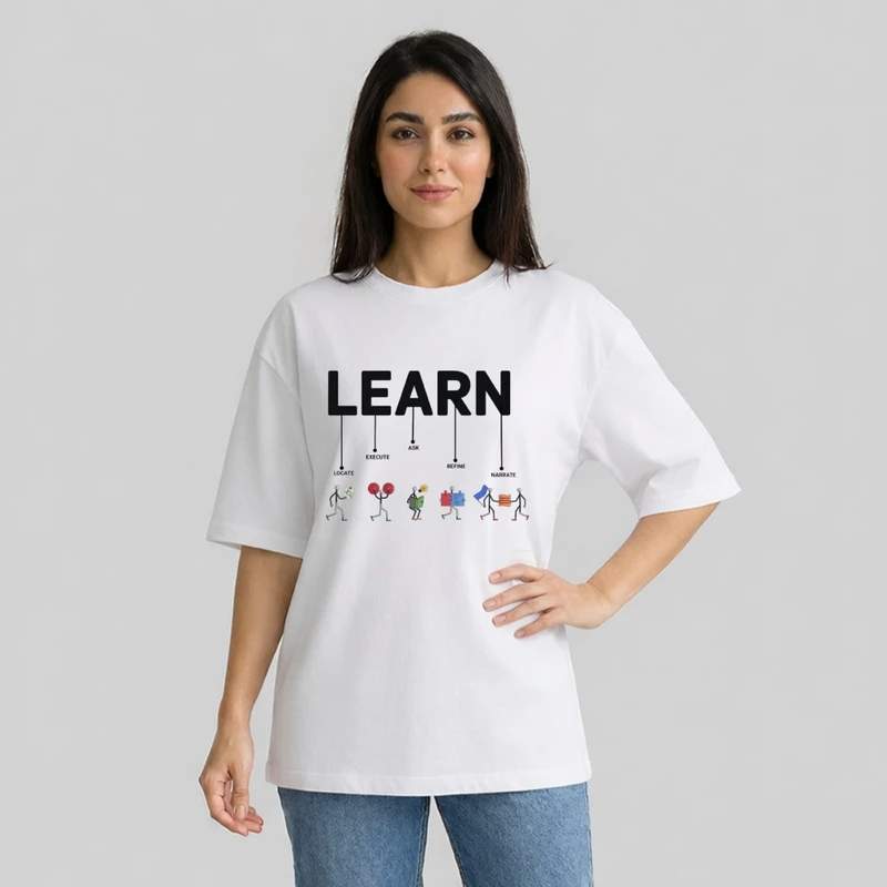 تی شرت آستین سه ربع زنانه مدل باکسی طرح یادگیری