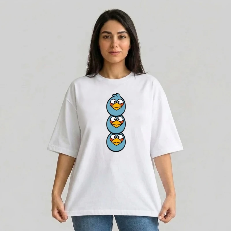 تی شرت آستین سه ربع زنانه مدل باکسی طرح انگری بردز کد v1