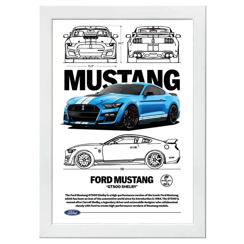 تابلو بکلیت طرح ماشین و خودرو فورد موستانگ FORD MUSTANG GT500 SHELBY مدل W-po1575 فریم سفید