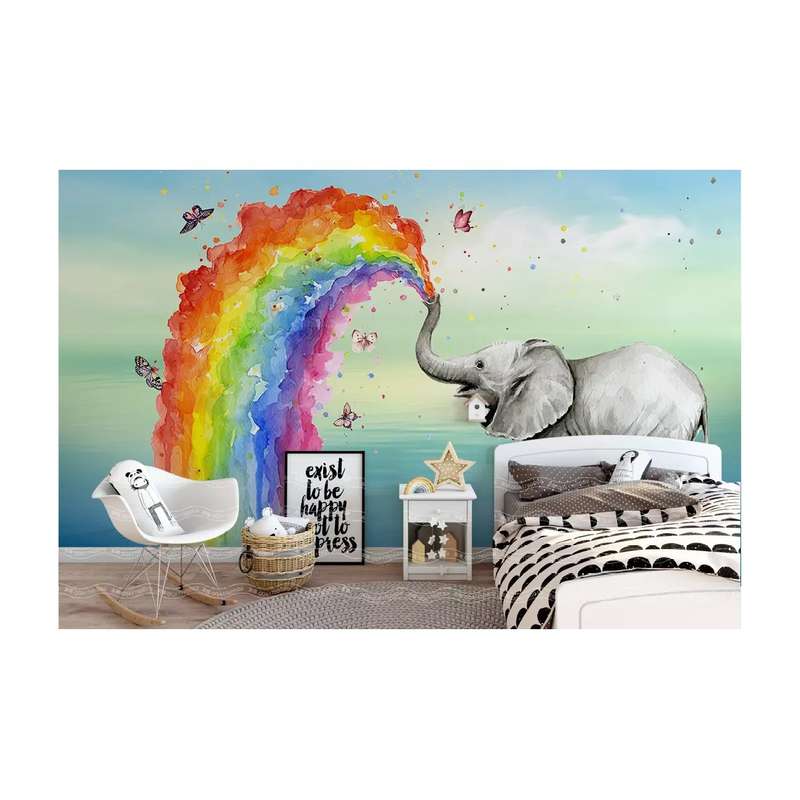 پوستر دیواری اتاق کودک مدل فیل و رنگین کمان drv1024