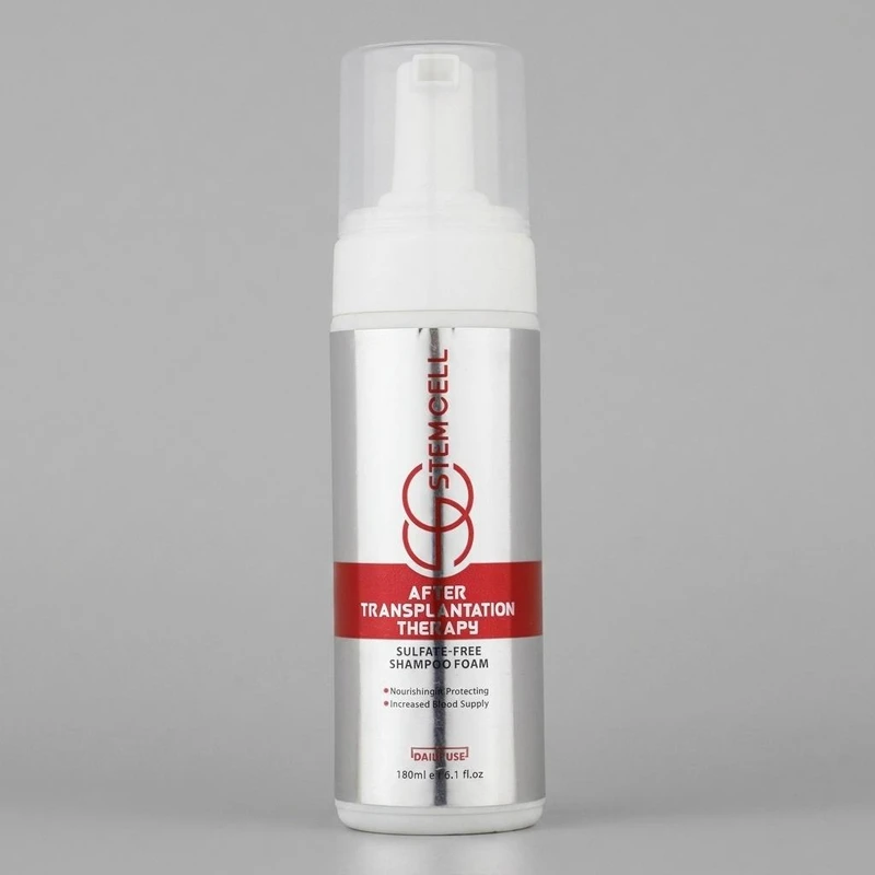 شامپو فوم پس از کاشت مو استم سل مدل Sulfate Free حجم 180 میلی‌لیتر، فاقد سولفات و 9 عامل تخریب‌کننده، ضد ریزش، تقویت‌کننده، ترمیم‌کننده، تنظیم و کنترل فعالیت غدد سبابه پوست سر، مناسب شست‌وشوی سر ملتهب بعد از جراحی کاشت مو