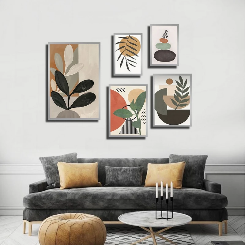 تابلو بکلیت طرح نقاشی مینیمال برگ مدل SI-3883 فریم نقره ای مجموعه 5 عددی