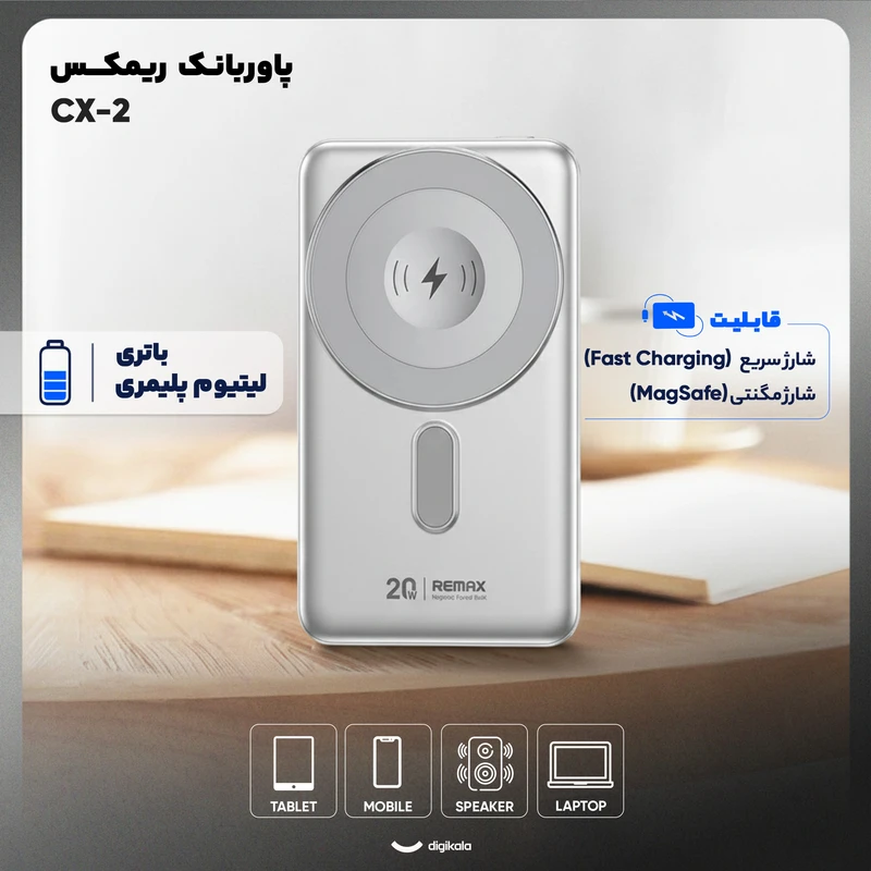 عکس شماره 3 : پاوربانک بی-سیم 20 وات ریمکس مدل cx-2 ظرفیت 10000 میلی آمپر ساعت