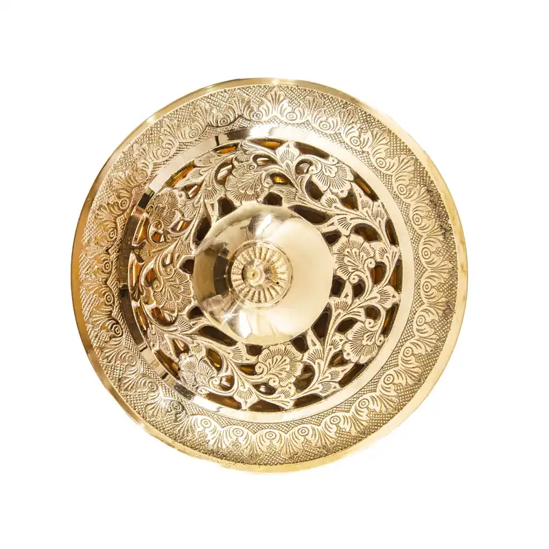 شکلات خوری برنزی مدل درب دار نیم پایه قلم زنی طرح لوتوس هندی کد 9902