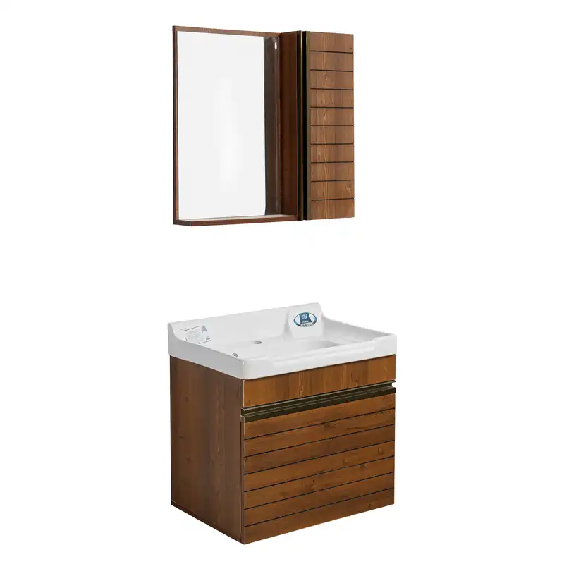 ست کابینت و روشویی مدل کویینتو طرح چوب کد 104 به همراه آینه و باکس
