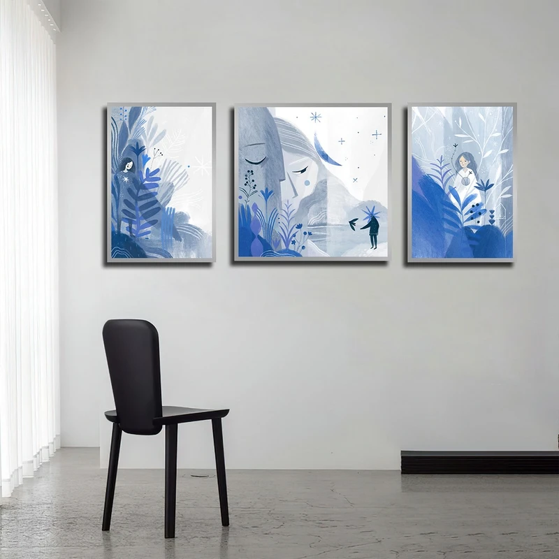 تابلو بکلیت طرح نقاشی مدرن و فانتزی مدل SI-3915 فریم نقره ای مجموعه 3 عددی