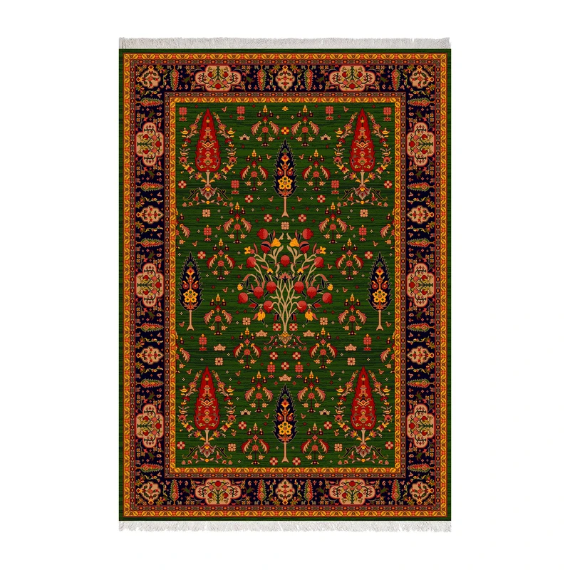 فرش ماشینی 1000 شانه زانیس زمینه سبز حاشیه سرمه ای مدل چاپی