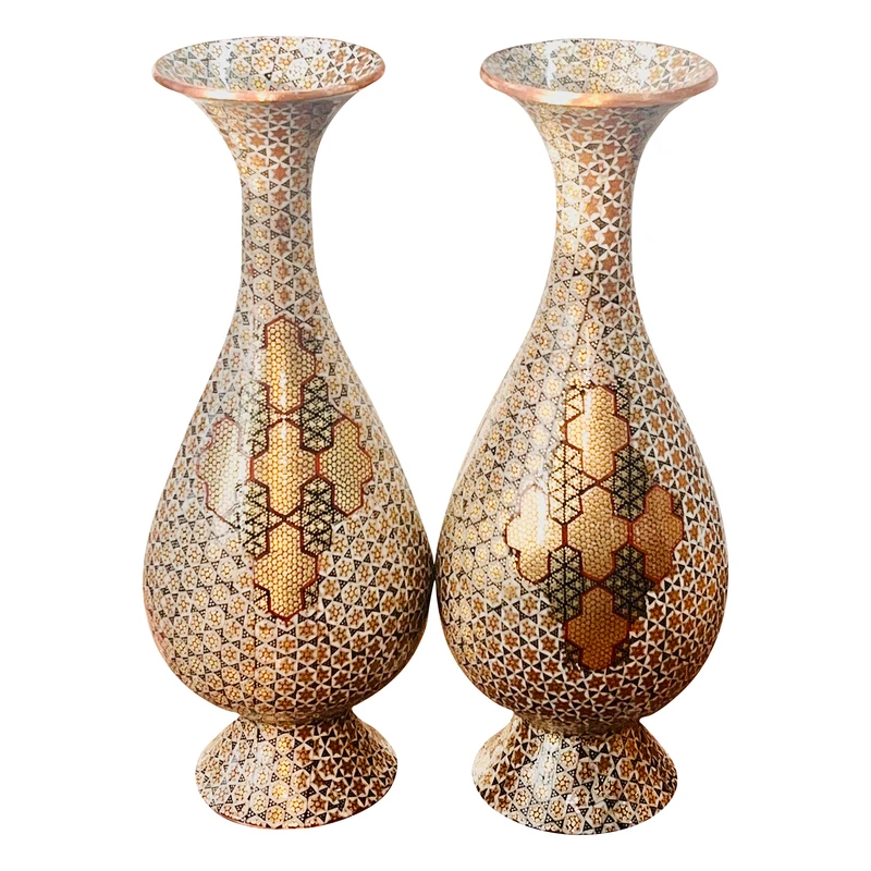 گلدان خاتم کاری مسی صنایع دستی فاخر مدل صراحی طرح پرسیم کد HQLight-Vase25p10 بسته 2 عددی
