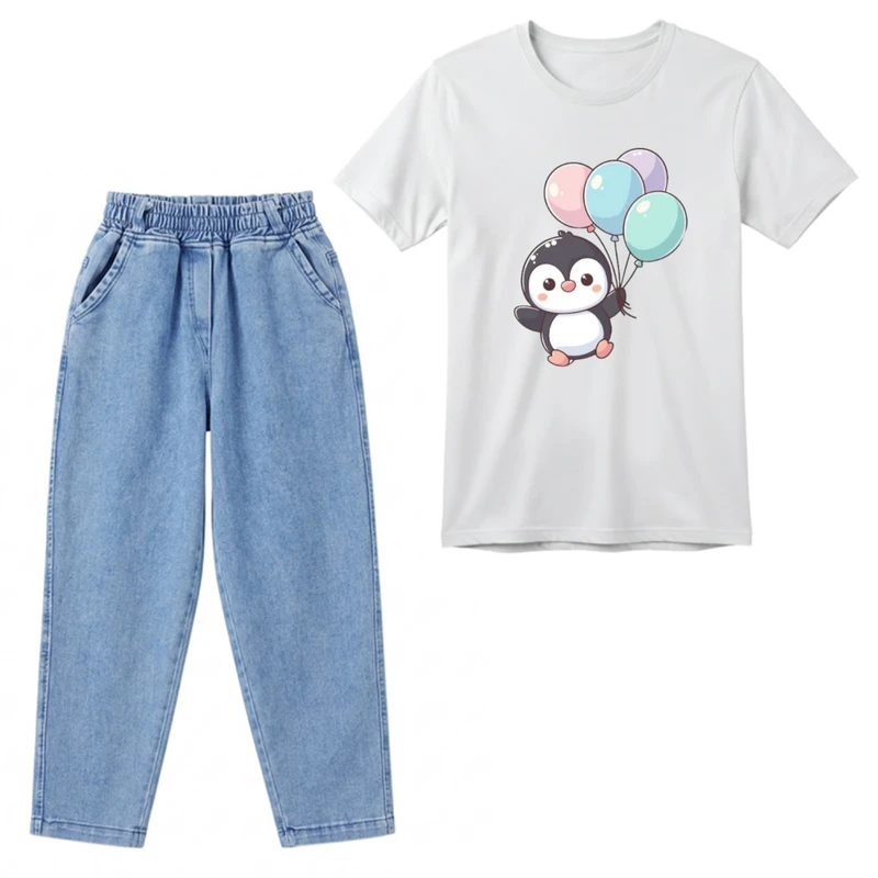 ست تی‌شرت آستین کوتاه و شلوار دخترانه مدل پنگوئن کد v10 
