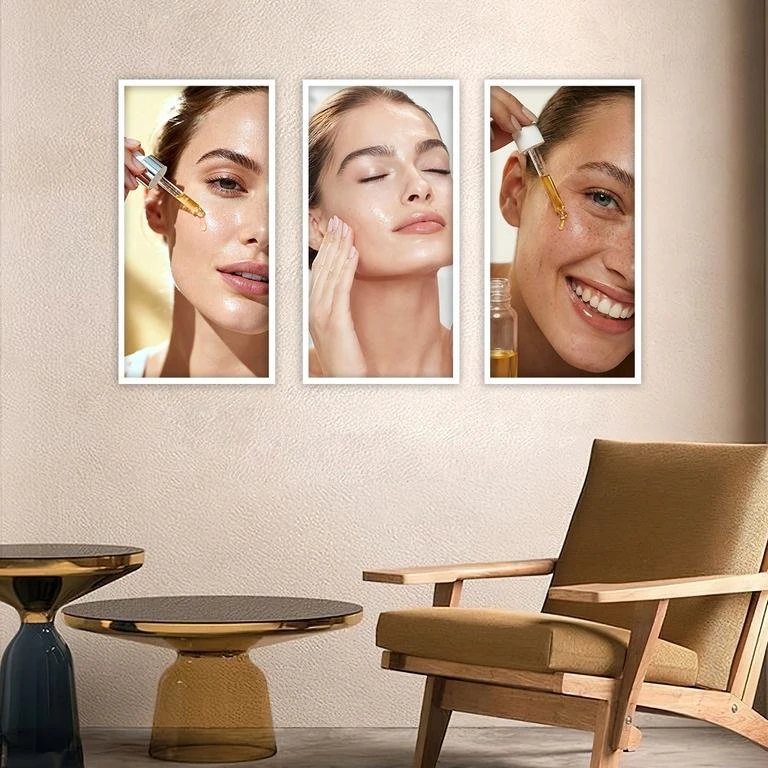 تابلو بکلیت طرح پاکسازی و زیبایی پوست مدل W-5142 فریم سفید مجموعه 3 عددی