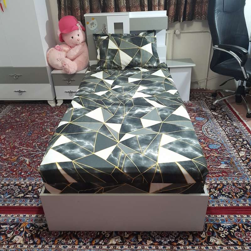 سرویس ملحفه مدل کشدار ni08057 طرح ماربل هندسی کد 100 یک نفره دو تکه