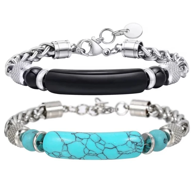 دستبند سنگی گالری گوهرسنگ مدل اونیکس و فیروزه کد GS1476NEW-2 مجموعه 2 عددی