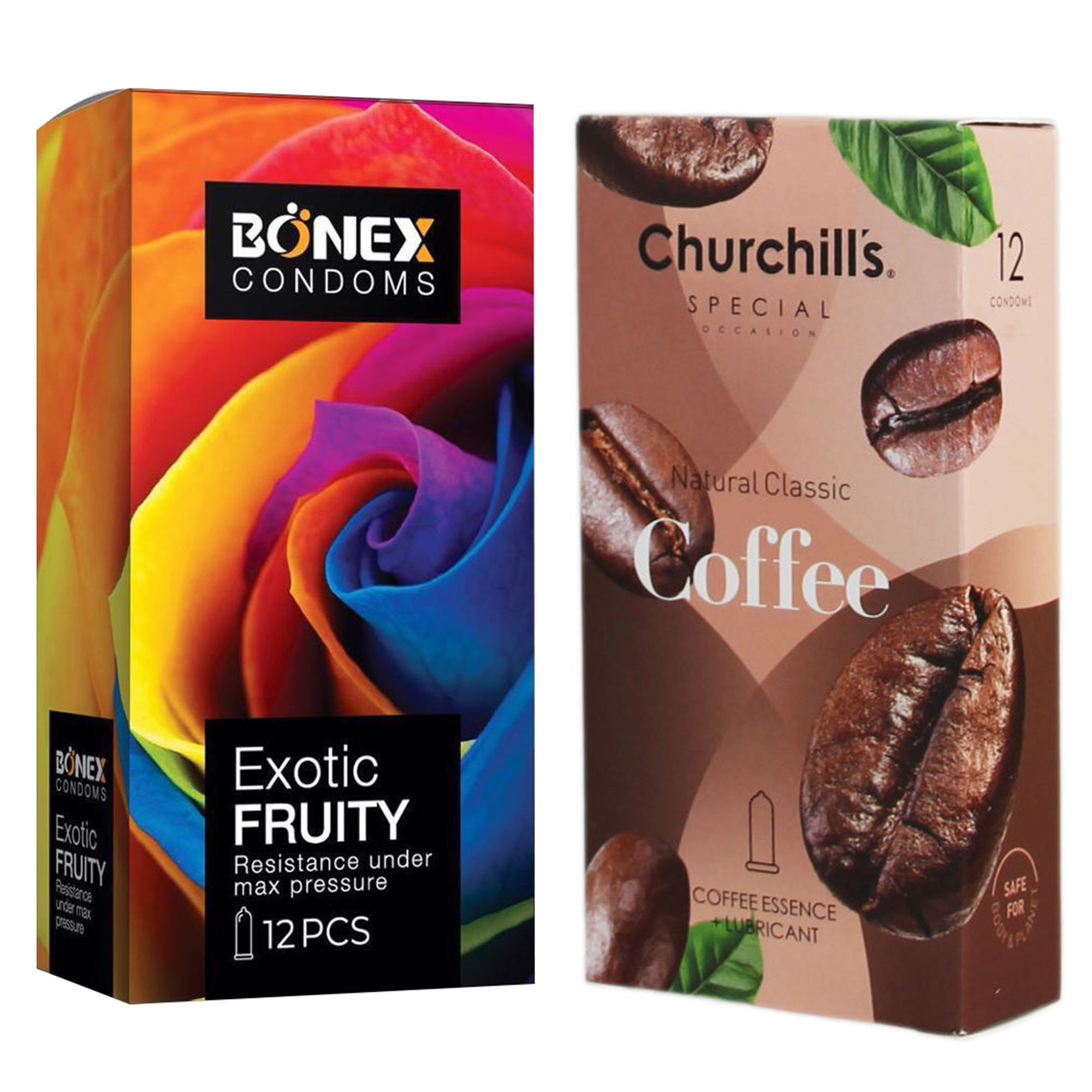 کاندوم چرچیلز مدل Coffee بسته 12 عددی به همراه کاندوم بونکس مدل Exotic Fruity بسته 12 عددی 