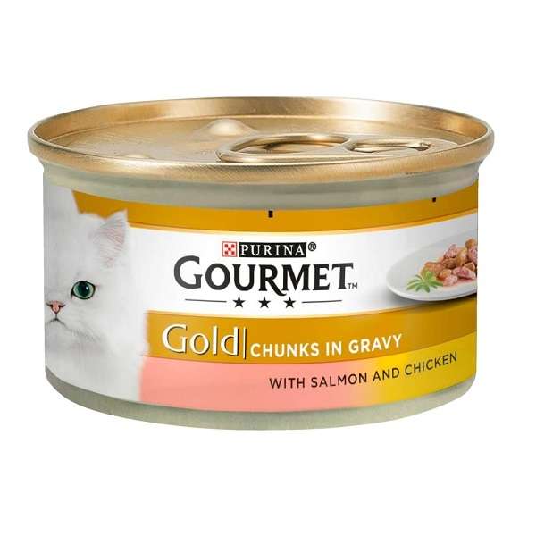   کنسرو غذای گربه گورمت مدل ِمرغ و سالمون وزن 85 گرم