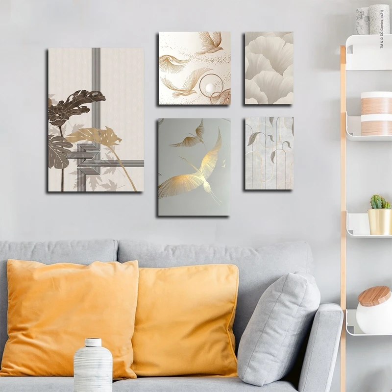 تابلو شاسی بکلیت طرح نقاشی برگ انجیری و پرنده مدل SH-2681 مجموعه 5 عددی