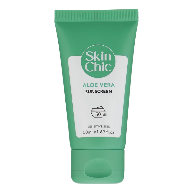 کرم ضد آفتاب بدون رنگ اسکین شیک SPF 50 مدل Aloe Vera  ‌مناسب پوست‌های حساس حجم 50 میلی‌لیتر