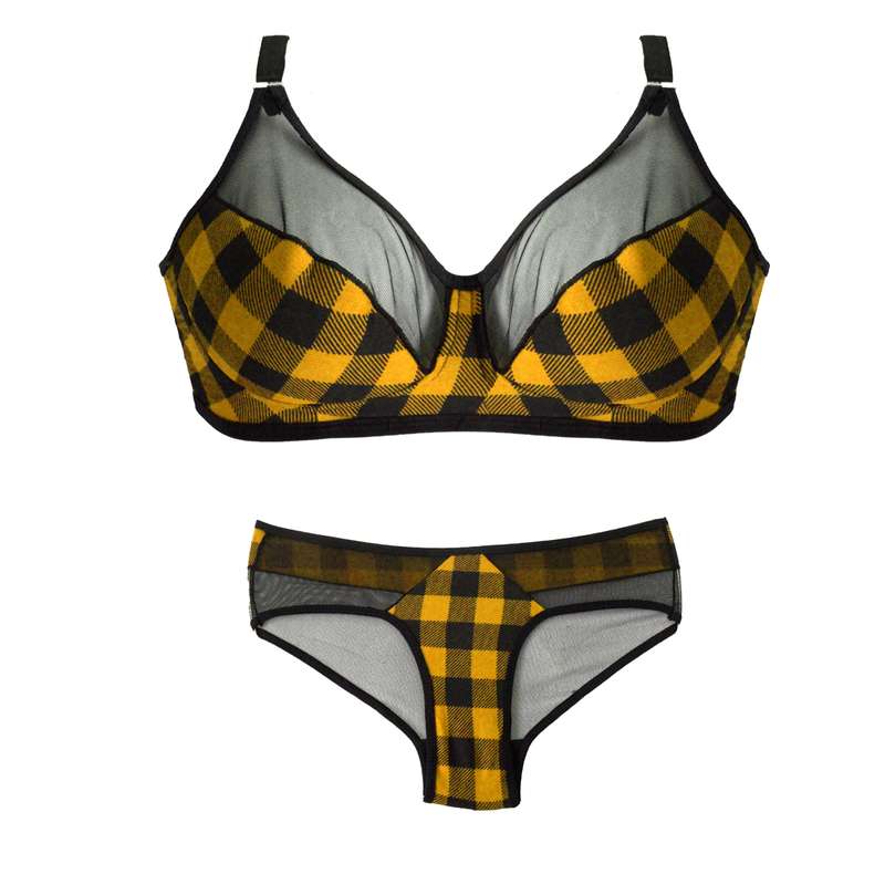 ست شورت و سوتین زنانه مدل شطرنجی رنگ خردلی