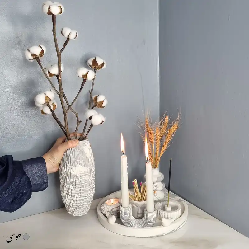 ست 7 تکه جاشمعی و گلدان بتنی طرح سنگ مدل یاسمین