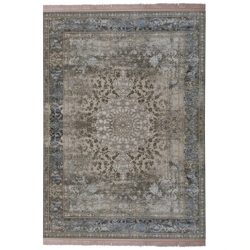 فرش ماشینی 1200شانه زمرد مشهد زمینه آبی حاشیه آبی طرح پتینه