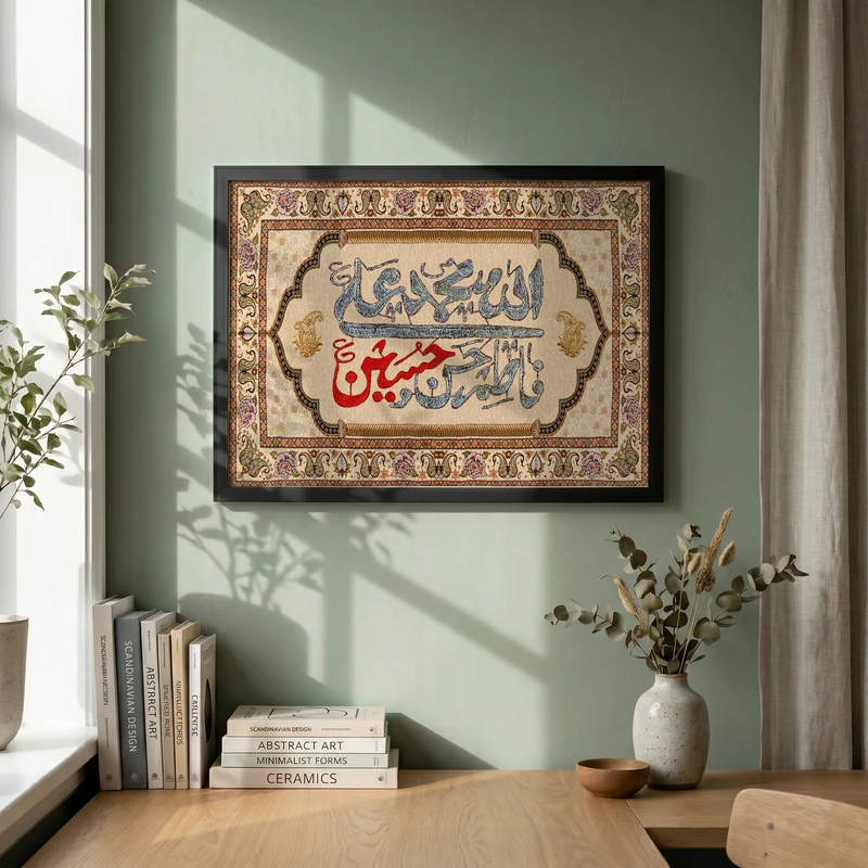 تابلو طرح پرچم نام مبارک پنج تن آل عبا مدل G15365 فریم مشکی