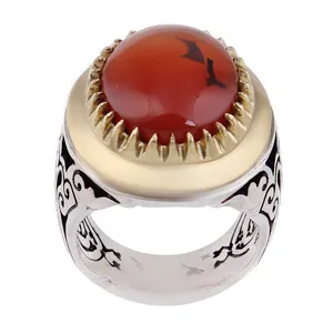 انگشتر نقره مردانه بازرگانی میلادی مدل عقیق یمنی رکاب دست ساز آبکاری طلا رزد کد AM_2597