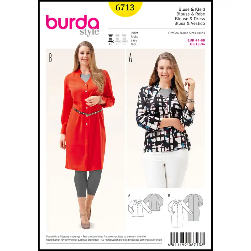 الگو خیاطی تونیک و بلوز زنانه بوردا استایل کد 6713 سایز 44 تا 60 متد مولر