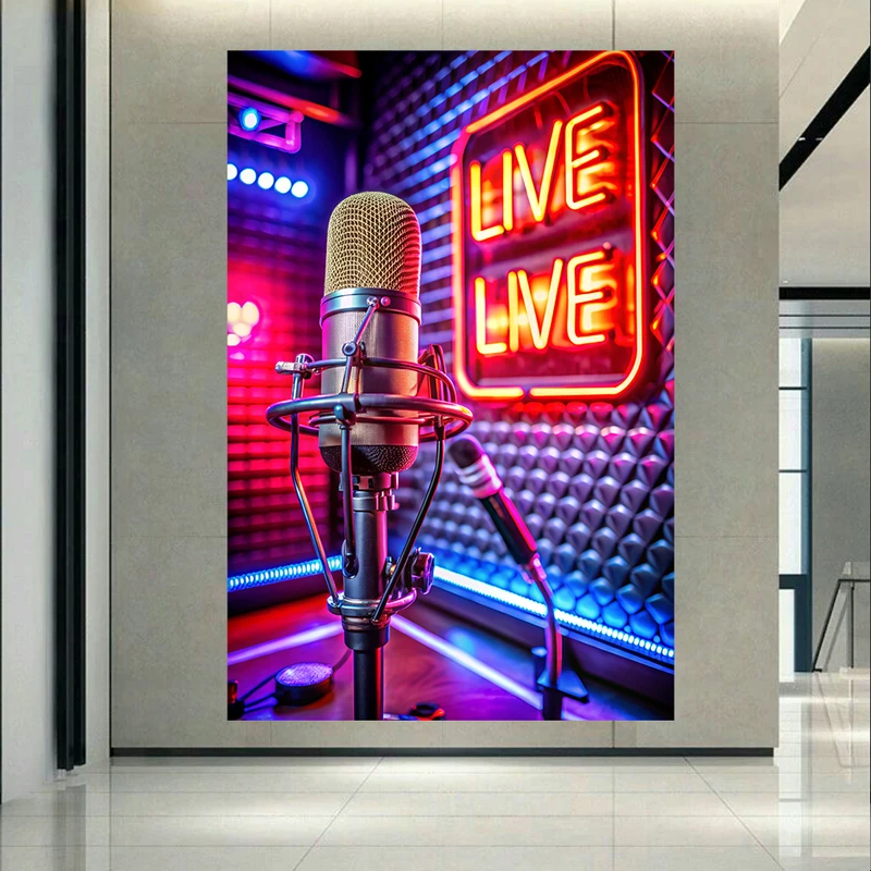 پوستر پارچه ای طرح مخمل میکروفون مدل نئون LIVE کد AR302570