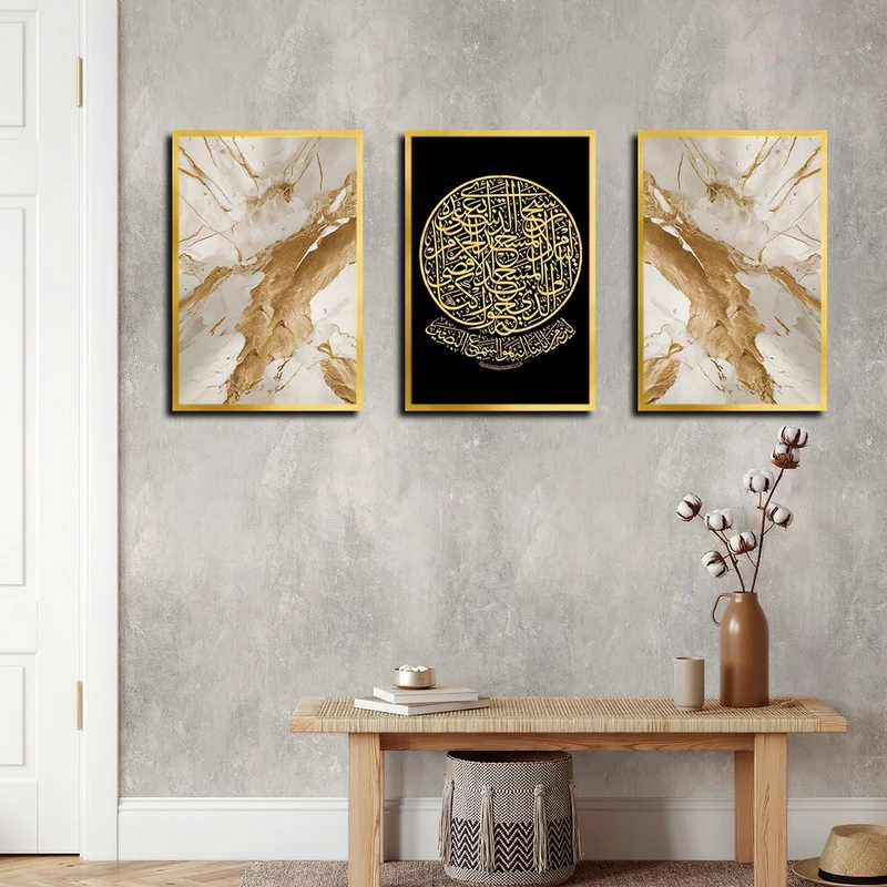 تابلو بکلیت طرح رزین مدل T-3978 فریم طلایی مجموعه 3 عددی