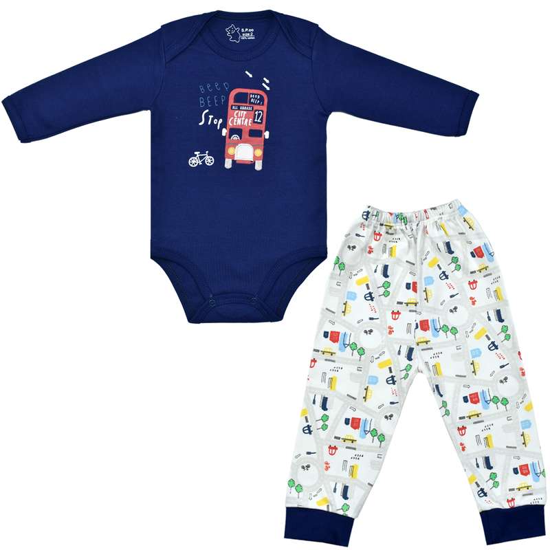 ست بادی آستین بلند و شلوار نوزادی اسپیکو مدل اتوبوس