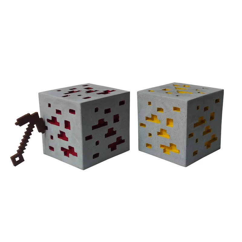 دکوری مدل ماینکرافت طرح کلنگ و بلاک های طلا و رداستون مجموعه 3 عددی