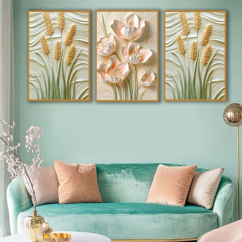 تابلو بکلیت طرح مینیمال گل و گندم مدل T-MR-1026 فریم طلایی مجموعه 3 عددی