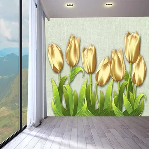 پوستر دیواری سه بعدی مدل گل لاله طلایی زمینه حصیری DVRF2288