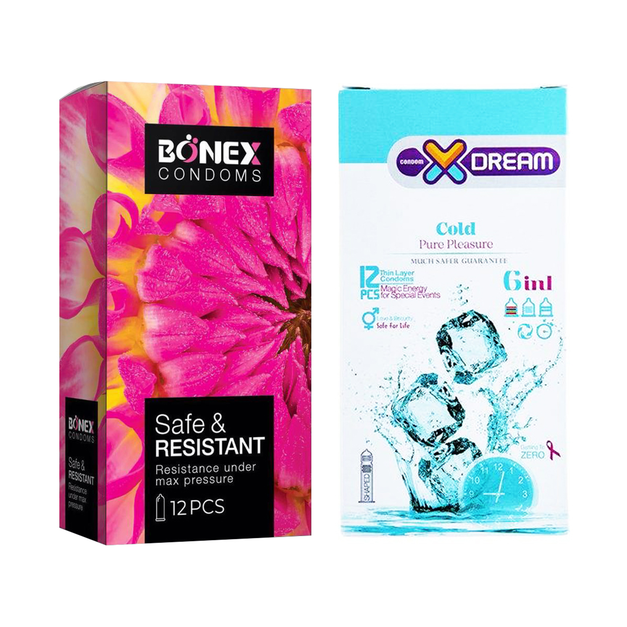 کاندوم بونکس مدل Safe & Resistant بسته 12 عددی به همراه کاندوم ایکس دریم مدل Cold بسته 12 عددی