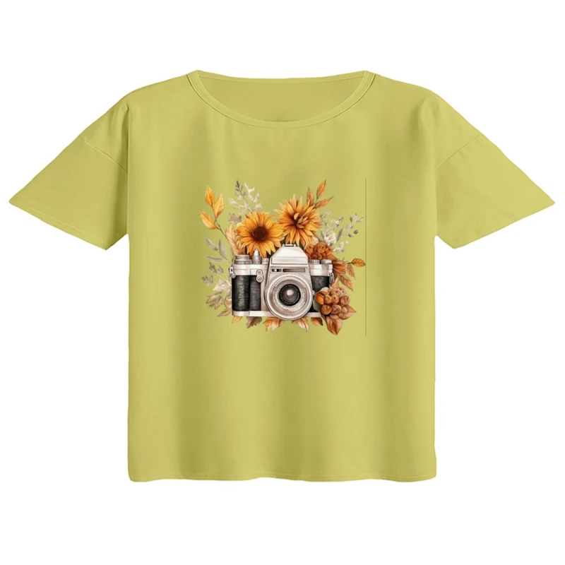 کراپ تی‌شرت آستین کوتاه زنانه مدل دوربین عکاسی