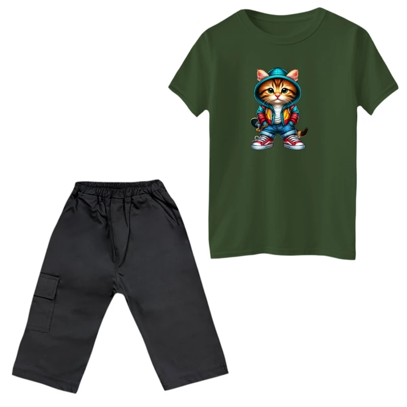 ست تی‌شرت و شلوارک دخترانه مدل گربه اسپرت
