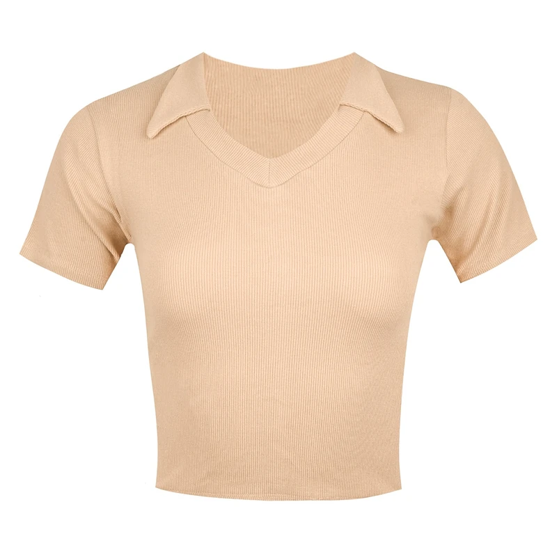 کراپ‌ تی‌شرت آستین کوتاه زنانه مدل کش کبریتی پنبه یقه هفت شکاری 1022