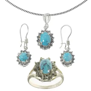 نیم ست نقره زنانه مدل سنگ فیروزه نیشابور مخراج برلیان کد 6400