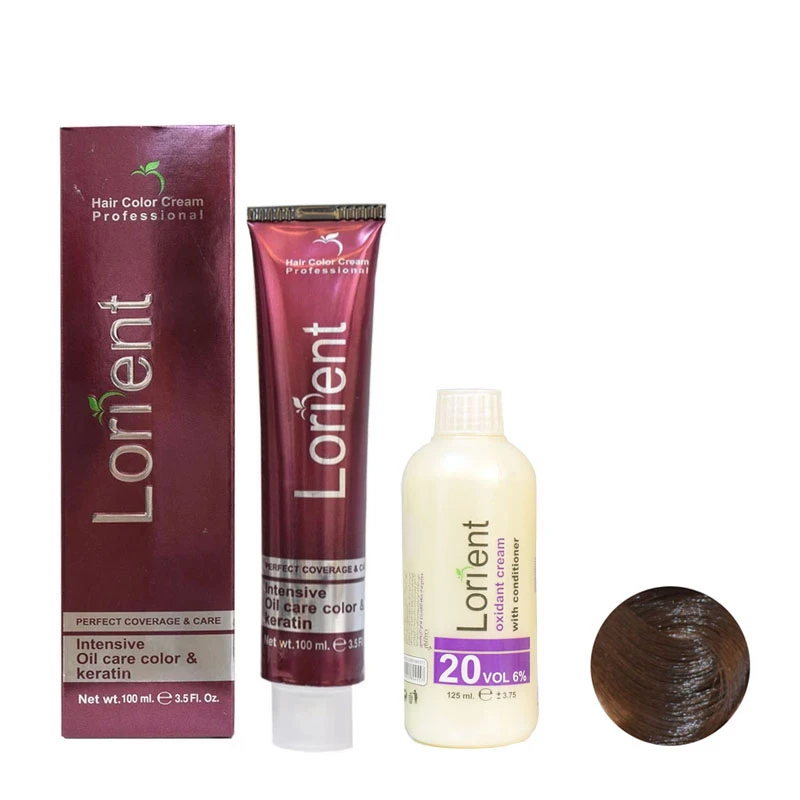 رنگ مو لورینت شماره N4 حجم 100 میلی لیتر رنگ قهوه ای روشن به همراه اکسیدان مدل 1 شش درصدی حجم 125 میلی لیتر