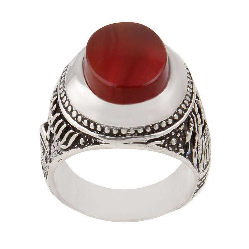 انگشتر نقره مردانه بازرگانی میلادی مدل سنگ عقیق یمنی کهنه رکاب دست ساز سیاه قلم کد AM_1659