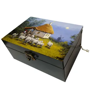 جعبه موزیکال مدل هندلی طرح نقاشی کلبه و گوسفند و آسیاب بادی کد T1002