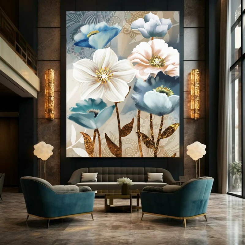 پوستر مدل پارچه ای مخمل طرح انتزاعی گل آبی طلایی کد BK23404