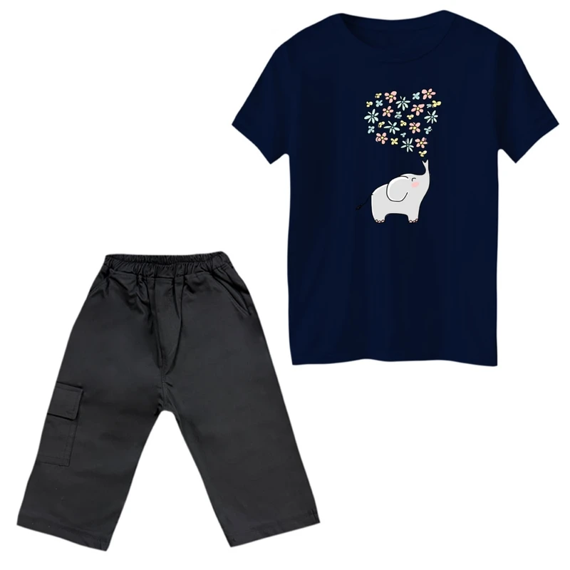 ست تی‌شرت آستین کوتاه و شلوارک دخترانه مدل فیل و گل