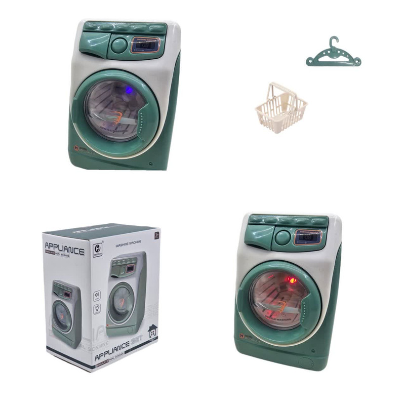 اسباب بازی ناب سل مدل ماشین لباسشویی چراغدار موزیکال کد WASHING MACHINE NAAB001 به همراه چوب لباسی و سبد لباس 