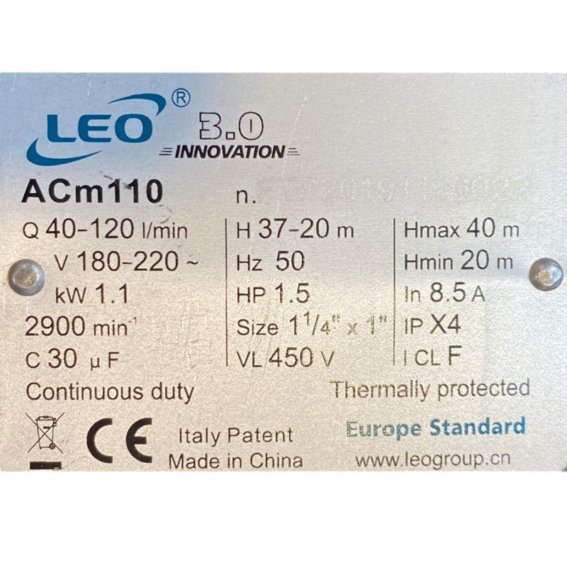 پمپ آب لئو مدل بشقابی 1/5 اسب تکفاز کد ACm110