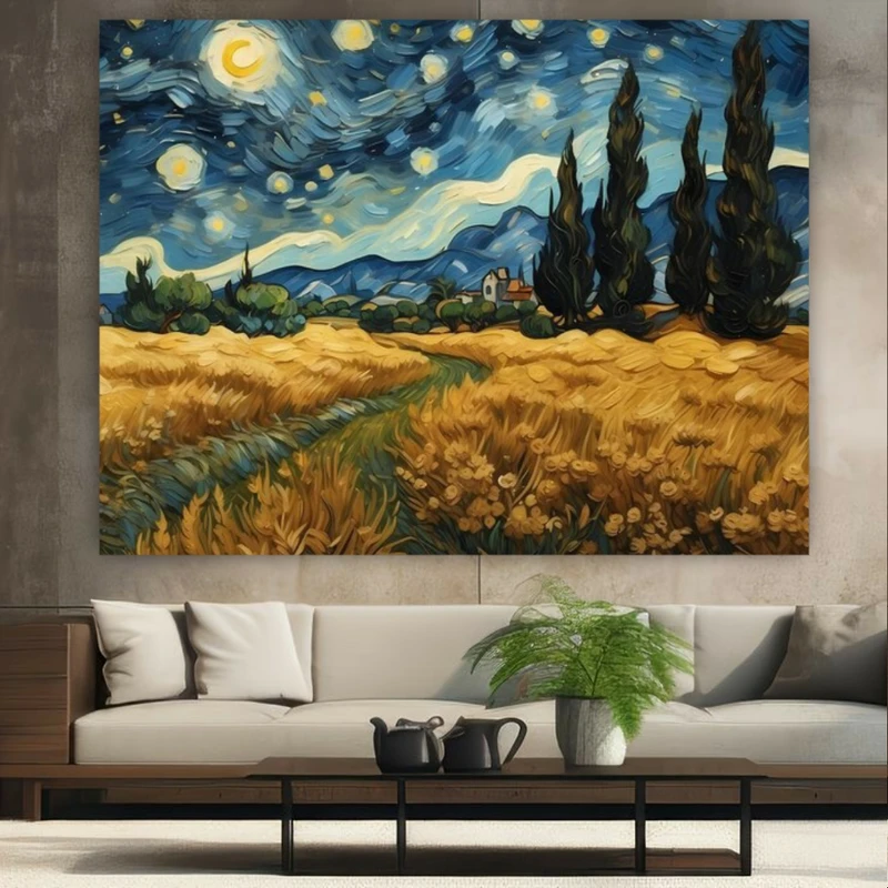 تابلو بوم طرح مخمل نقاشی ونگوک مدل دشت و آسمان ستاره ای کد GR842