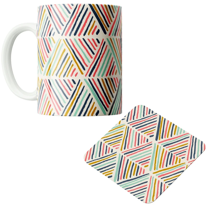 ماگ پاد آفرین مدل خطوط و لوزی رنگی کد DKC352 به همراه زیر لیوانی