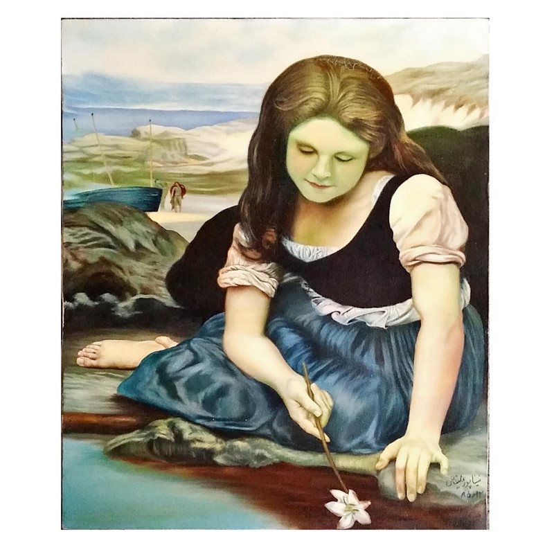 تابلو نقاشی رنگ روغن مدل دختر نشسته در ساحل 8512