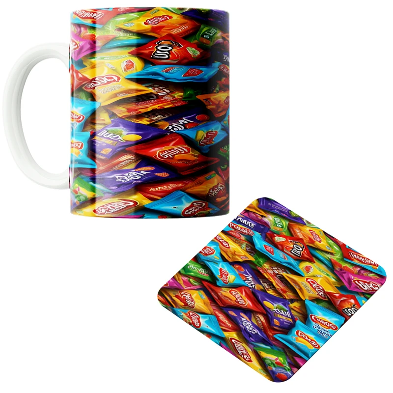 ماگ پاد آفرین مدل ابنبات های رنگارنگ کد 01 به همراه زیر لیوانی