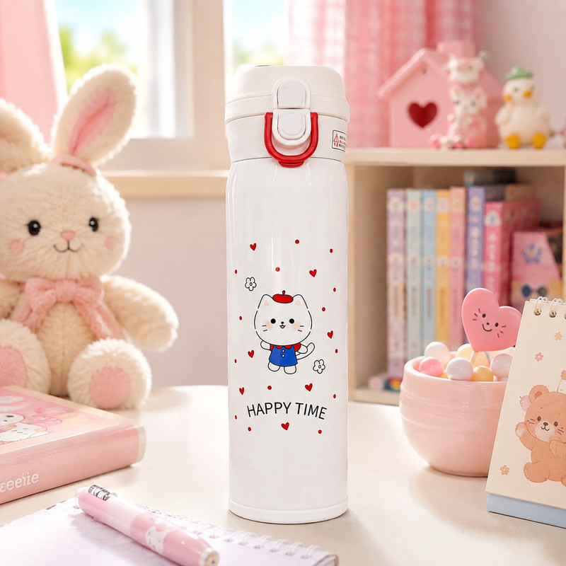 قمقمه کودک مدل گربه Happy Time دوحالته نی‌دار و آسان‌نوش دار soosoo07 گنجایش 0.50 لیتر