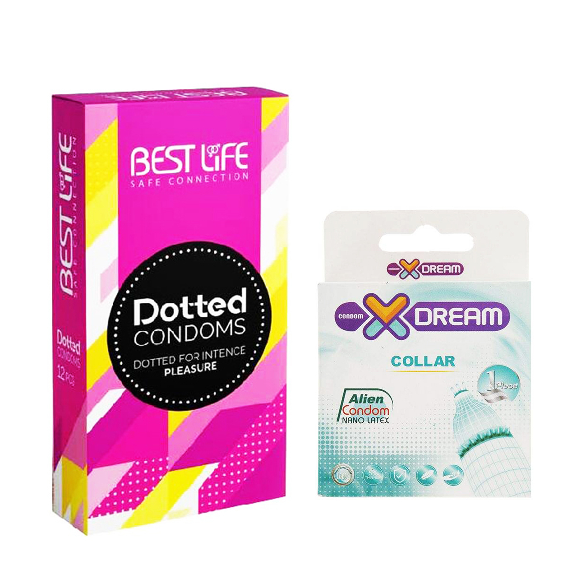 کاندوم بست لایف مدل Dotted بسته 12 عددی به همراه کاندوم ایکس دریم مدل Collar